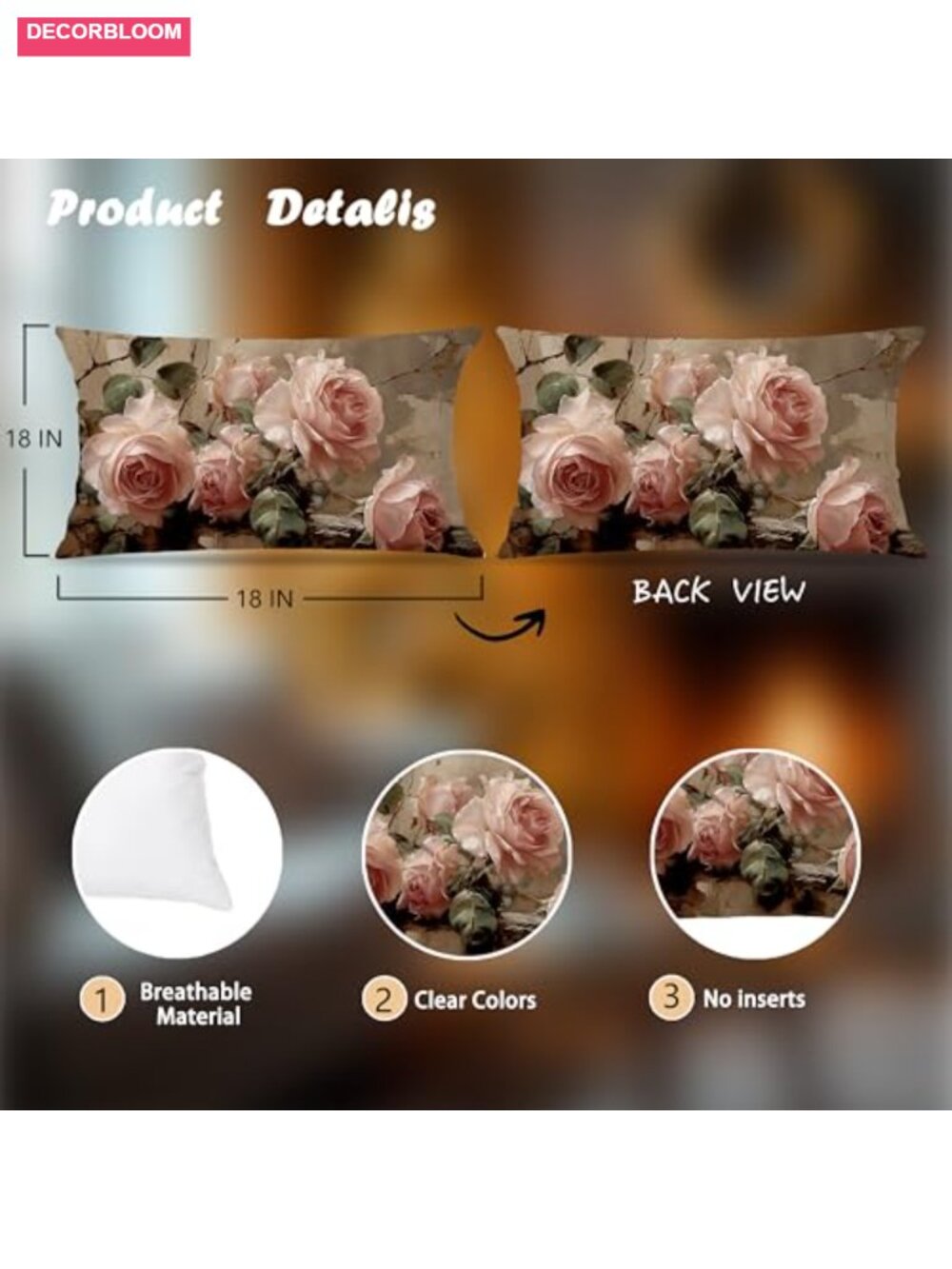 Vintage Rose Floral Flannel Throw Pillow Covers Rectangular 20x12 Set of 1 - Picture 2 of 5